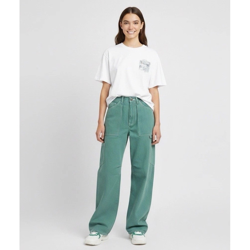 Lioness Womens High-Rise Wide Leg Baggy Cargo Green Denim Jeans XS 27x30 - Picture 1 of 16